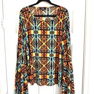 L&B Lucky Blessed 3X Aztec Top Long Bell Sleeve Rainbow Slinky Southwestern